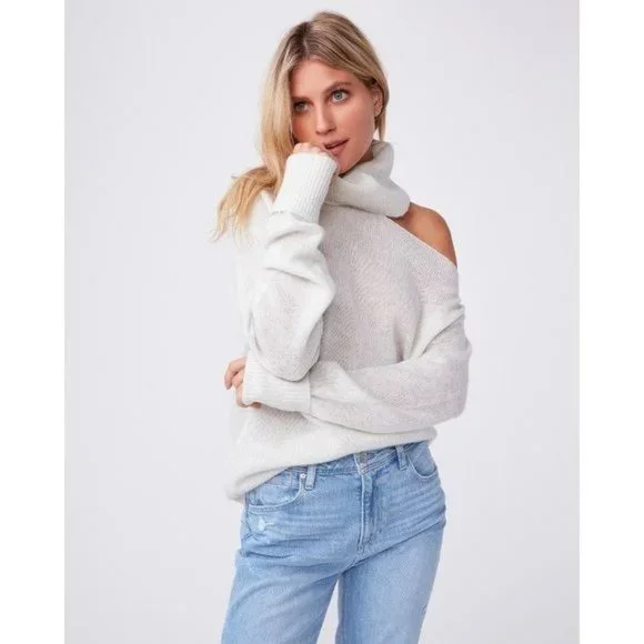 Paige Raundi Cold Shoulder CutOut Metallic Lurex Knit Relaxed Turtleneck Sweater - Picture 4 of 16